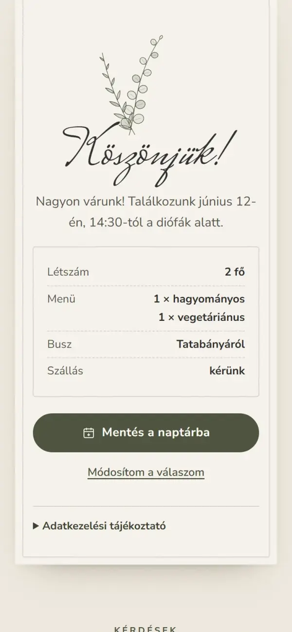 Visszajelzés elküldve: létszám, menü, busz és szállás összesítve